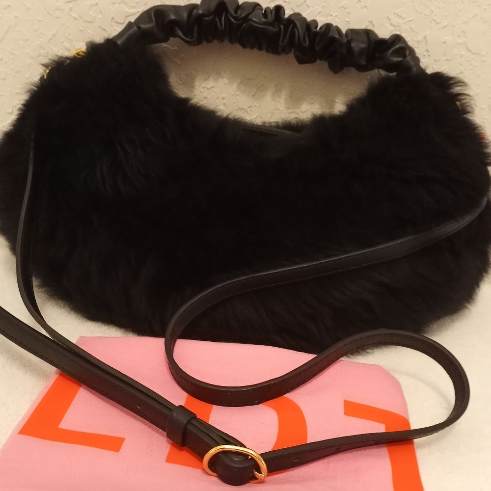 Black Faux Fur Hobo Bag with Ruched Handle